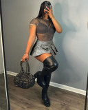 Grey Leather Sexy Solid Color Zippered Pleated Mini Skirt
