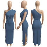 Blue Threaded Pleated Slant Shoulder Slit Dress