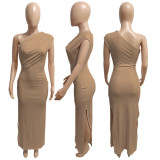 Khaki Threaded Pleated Slant Shoulder Slit Dress
