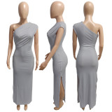 Grey Threaded Pleated Slant Shoulder Slit Dress