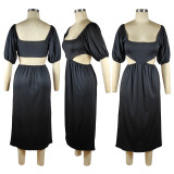 Black Solid Color U Neck Lantern Short Sleeved Waist Exposed Irregular Dress