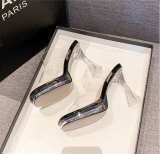Black One-piece Transparent High-heeled Square Toe Sandals