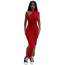 Red Threaded Pleated Slant Shoulder Slit Dress