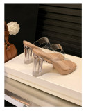 Apricot Fashionable One-line Slippers With Thick Sole and Thick Crystal Heel