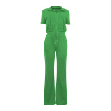 Green Red Fashionable Casual Zipper Top And Flared Pants Two-Piece Set