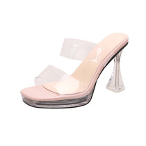 Pink One-piece Transparent High-heeled Square Toe Sandals