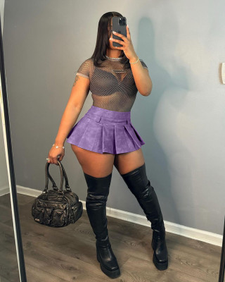 Purple Leather Sexy Solid Color Zippered Pleated Mini Skirt