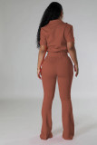 Brown Red Fashionable Casual Zipper Top And Flared Pants Two-Piece Set