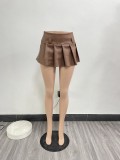 Brown Leather Sexy Solid Color Zippered Pleated Mini Skirt