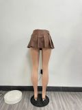 Brown Leather Sexy Solid Color Zippered Pleated Mini Skirt