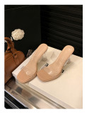 Apricot Fashionable One-line Slippers With Thick Sole and Thick Crystal Heel