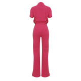 Rose Red Fashionable Casual Zipper Top And Flared Pants Two-Piece Set