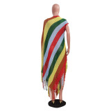 Red New Women's Knitted Colorful Striped Tassel Beach Dress