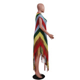 Red New Women's Knitted Colorful Striped Tassel Beach Dress