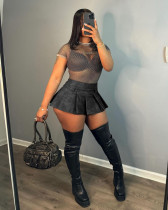 Black Leather Sexy Solid Color Zippered Pleated Mini Skirt
