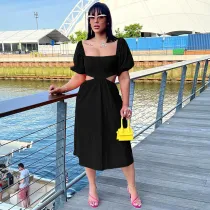 Black Solid Color U Neck Lantern Short Sleeved Waist Exposed Irregular Dress