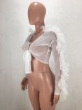 White Spliced Mesh Sexy Navel-Baring Lace-Up Shirt