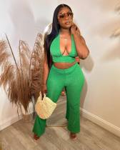 Green Sleeveless Halterneck Sexy Backless Bell-Bottom Pants Two Pieces