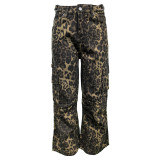 Brown Straight-Leg Leopard Pocket Cargo Jeans