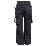 Black Washed Straight-Leg Cargo Pocket Jeans