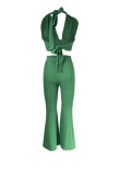 Green Sleeveless Halterneck Sexy Backless Bell-Bottom Pants Two Pieces