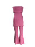 Pink Backless Bandeau With Zippered Pockets And Stretch Trousers Two-Piece Set