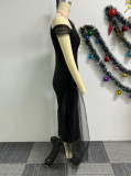 Black Mesh Spliced Slanted Shoulder Back Slit Stretch Sleeveless Dress