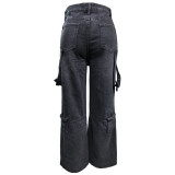 Black Washed Straight-Leg Cargo Pocket Jeans