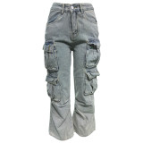 Washed Straight-Leg Cargo Pocket Jeans