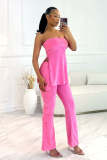 Pink Backless Bandeau With Zippered Pockets And Stretch Trousers Two-Piece Set