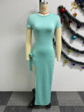 Green Solid Color Hollow Elastic Tight Slit Lace-Up Long Skirt Two-Piece Set