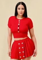 Red Sexy Hollow Button Knitted Short-Sleeved Two-Piece Set