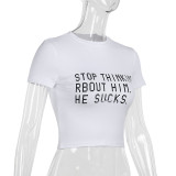 White Fashion Printed Short Sleeve Crop Top T-shirt