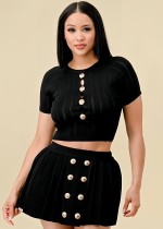 Black Sexy Hollow Button Knitted Short-Sleeved Two-Piece Set
