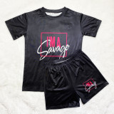 Black Casual Crew Neck Printed Short-Sleeved Two-Piece Set
