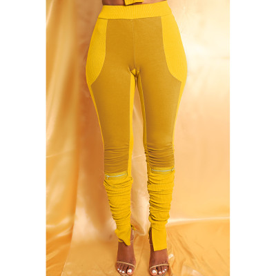 Yellow Contrast Color Splicing Zipper Casual Slit Pleated Stacked Pants