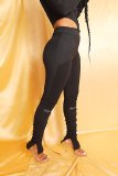 Black Contrast Color Splicing Zipper Casual Slit Pleated Stacked Pants
