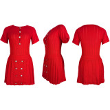 Red Sexy Hollow Button Knitted Short-Sleeved Two-Piece Set