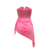 Rose Red Sexy Irregular V-neck Tube Top See-through Sequin Dress