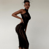 Black Sexy Fringed Mesh See-through Slim Fit Dress