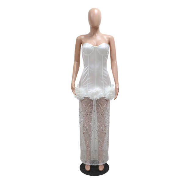 Bright Tube Top High Waist Package Hip Dress Mesh Blouse Three Piece Sets main image 1