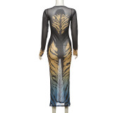 Sexy Mesh See-through Leopard Gradient Print Dress