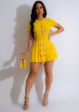 Yellow Sexy Hollow Button Knitted Short-Sleeved Two-Piece Set