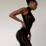 Black Sexy Fringed Mesh See-through Slim Fit Dress