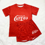 Red Casual Crew Neck Printed Short-Sleeved Two-Piece Set