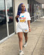 White Casual Crew Neck Printed Short-Sleeved Two-Piece Set