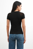 Black Mesh And Yarn Splicing Slim-Fit Short-Sleeved T-Shirt