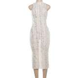 White Sexy Fringed Mesh See-through Slim Fit Dress