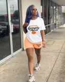 Orange Casual Crew Neck Printed Short-Sleeved Two-Piece Set