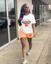 Orange Casual Crew Neck Printed Short-Sleeved Two-Piece Set